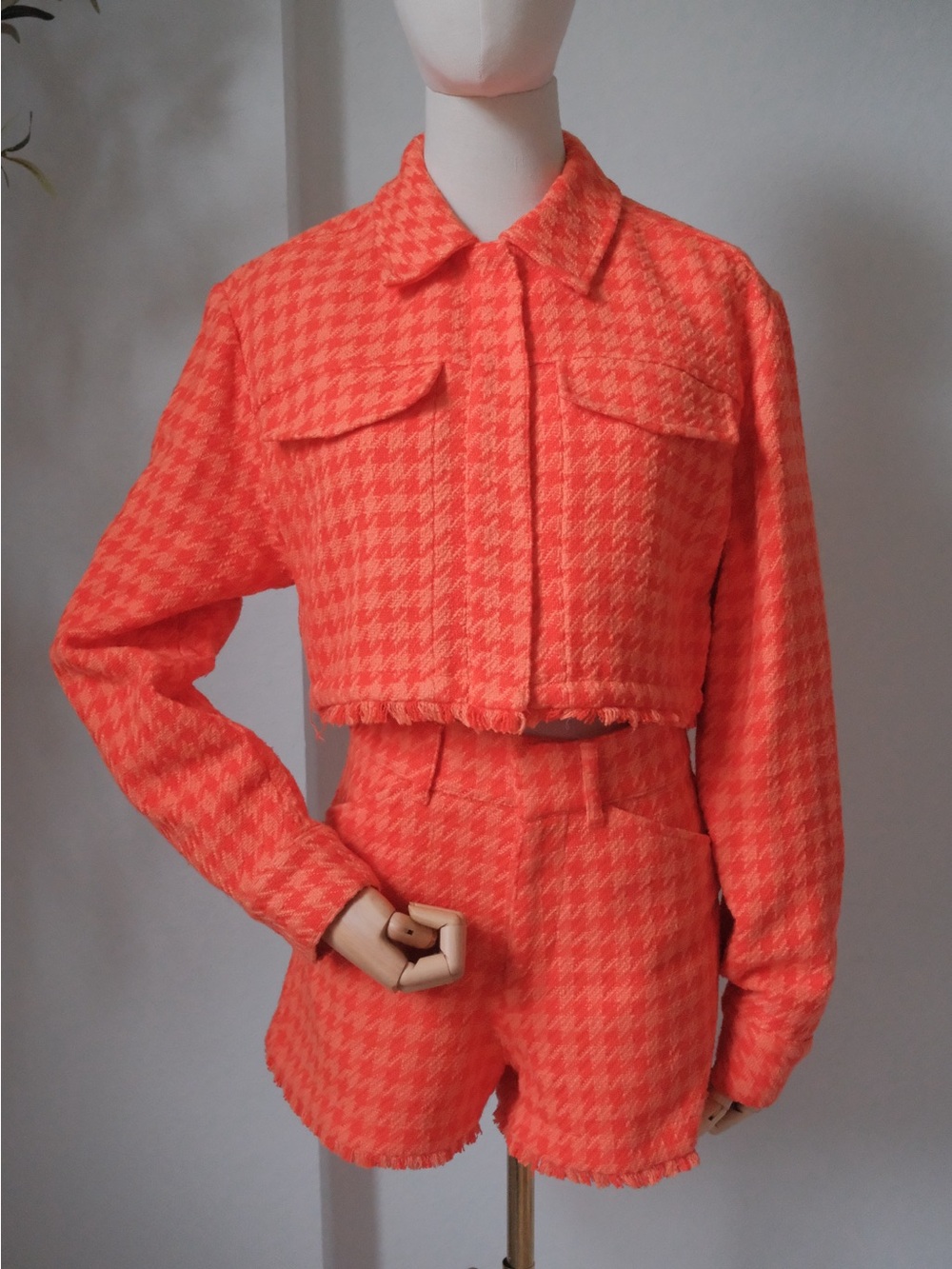 Zara Orange Houndstooth Cropped Jacket & Shorts Set
